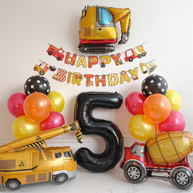 파티몬 중장비 생일 파티 용품 풍선 꾸미기 포크레인 자동차 소품 가랜드, 1개, 중장비 가랜드 생일 파티 - 숫자 풍선 5