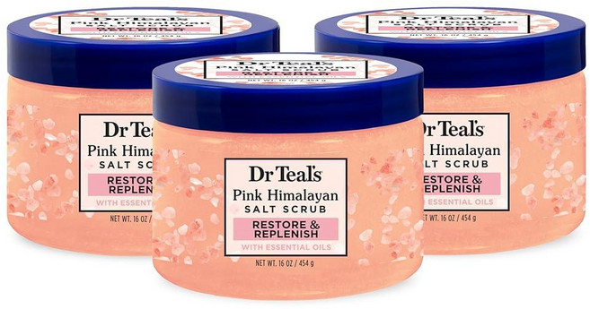 Dr Teal's 핑크 히말라야 소금 바디 스크럽 순수 엡섬 및 에센셜 오일로 복원 보충 473.2ml(16온스) (3팩) 213534, Pink Himalayan Salt