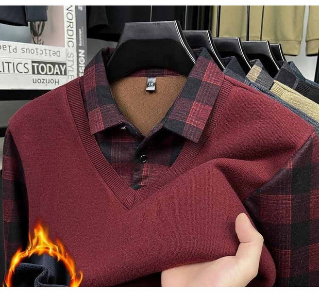 중년 남자 기모 니트티 남성 겨울 플리스 안감 두꺼운 셔츠 스타일 양모 스웨터 LT