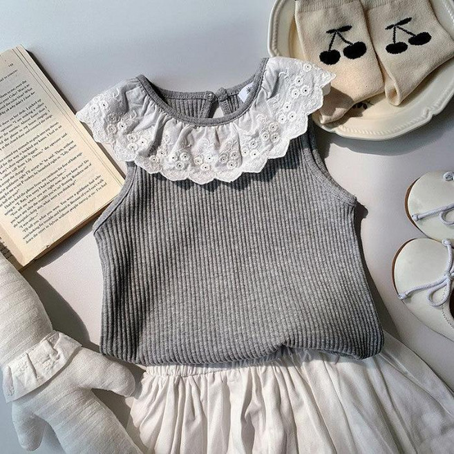 女童 背心 韓版 卡通 上衣 兒童裝 花邊領 薄款 無袖 外穿
