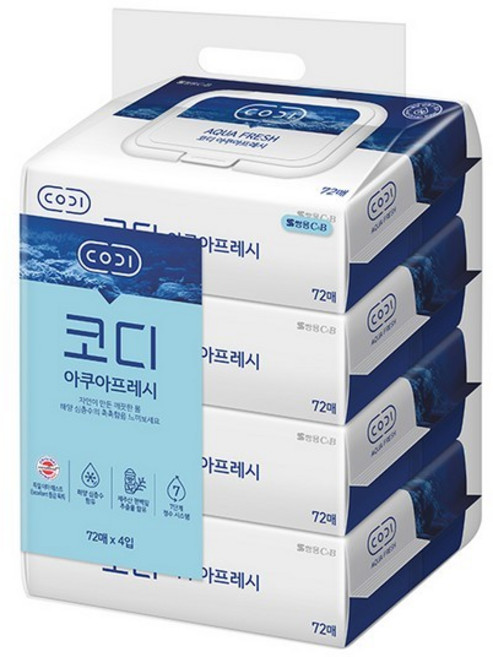 캡형 4입 코디 72매 아쿠아프레시 CODI 쌍용 물티슈, 1개