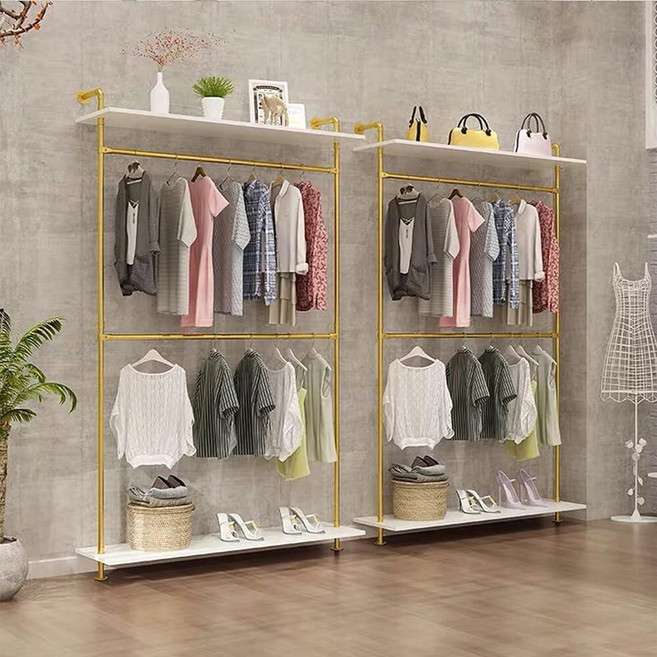 FURVOKIA Modern Simple 2단 산업용 파이프 및 목재 의류 랙 벽걸이 이중 걸이 봉 의류 랙 소매 디스플레이 보관 의류 걸이 선반 (선반 1개 골드 12