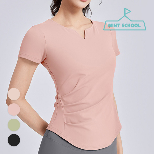 민트스쿨 브이넥 셔링 반팔 캡내장반팔티 요가복 필라테스복 운동탑