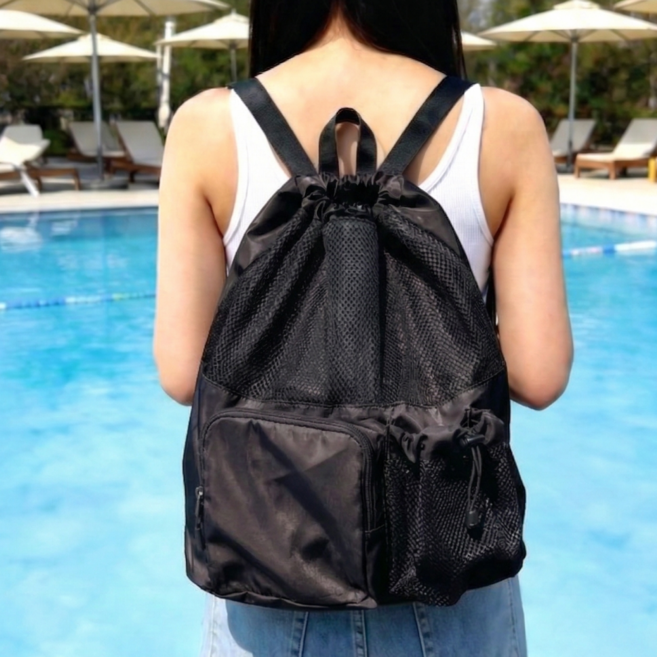 디네이브 메쉬 수영 가방 백팩 물놀이 스포츠 비치백, 블랙, 1개