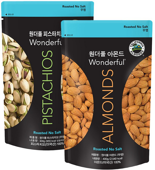 원더풀 피스타치오 무염 + 아몬드 무염 400g, 2개, 300g