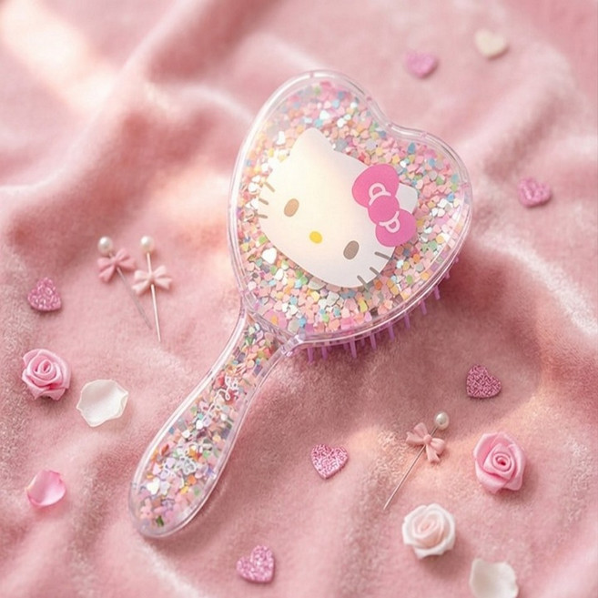 키티 글리터 빗 헤어 브러쉬 휴대용, 1개, 핑크