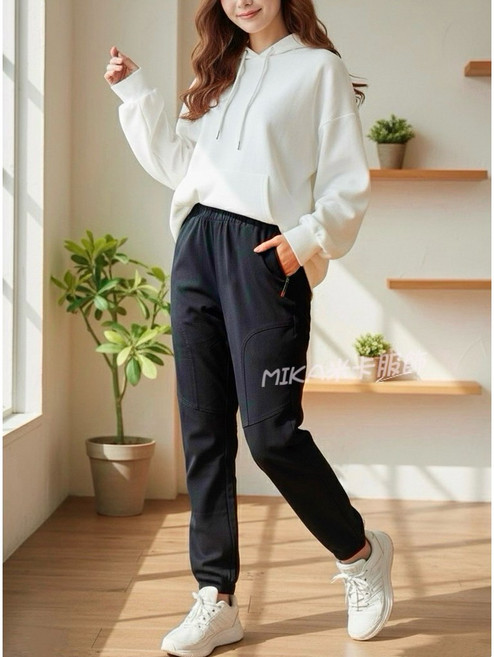 MIKA米卡服飾 口袋拉鍊刷毛褲 保暖彈力休閒運動褲 黑色/深藍