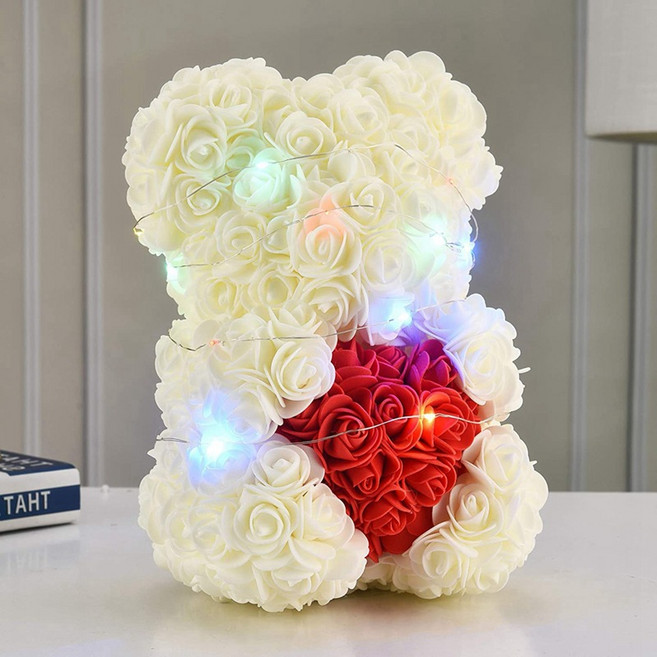 [선물케이스+LED조명 세트] 장미곰 장미곰돌이 이벤트꽃 로즈베어 장미꽃인형 프로포즈 발렌타인데이 화이트데이 특별한날 결혼 입학식 졸업식 기념일 크리스마스 선물, 하트베어-레드+화이트[선물케이스+LED조명 세트], 1개