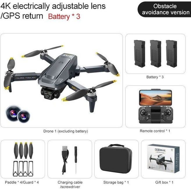 K811Max GPS 드론 4K 전문 UAV HD 항공 사진 장애물 회피 4축 비행 헬리콥터 원격 제어 Dista, GPS Black Dual-4K-3B