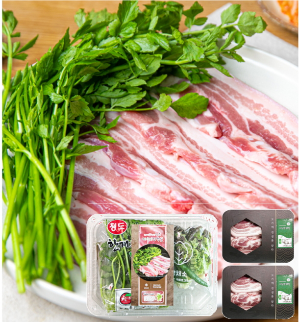 수확 제철 미나리 한돈 삼겹 미나리삼겹살SET (삼겹살 1KG + 미나리 200g + 쌈채소), 1세트