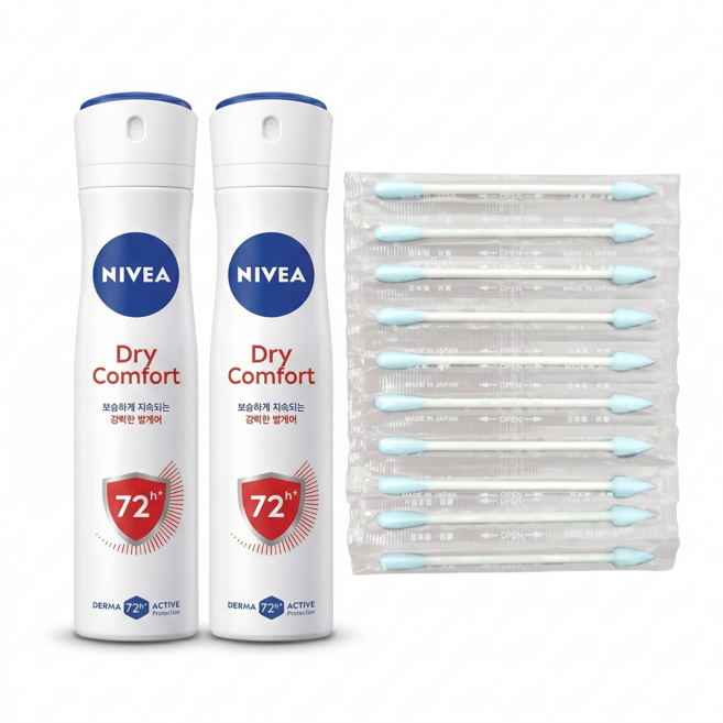 니베아 데오드란트 스프레이 드라이 컴포트 200ml 1+1 [총2개] + 일본제 화장용 면봉 10개입 / 임박특가 땀 냄새 억제 은은한 바디 향수 데오도란트, 2개