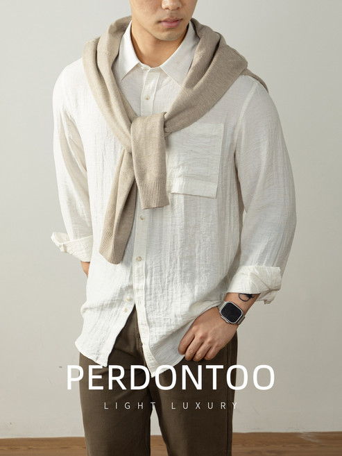 【老錢風輕奢】男士襯衫 亞麻襯衫 長袖襯衫 白襯衫 法式襯衫 商務襯衫 天然褶皺紋理 高端口袋設計 通勤休閒兩穿