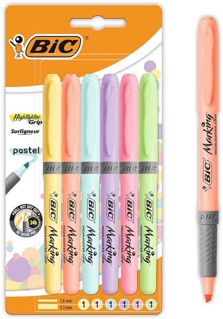 BIC 하이라이터 그립 파스텔 조절 가능한 끌 팁이 있는 형광펜 편안함을 더하기 위한 고무 그립 다양한 색상 6개 팩, Pastel_6 Count (Pack of 1)
