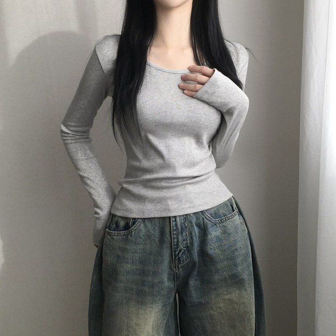 손등덮는 여리핏 코튼 유넥 기본무지 긴팔티셔츠 3color