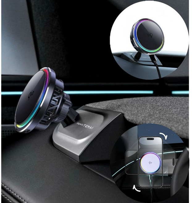 세상의모든제품 테슬라 모델Y주니퍼 모델3하이랜드 차량용 Qi2 맥세이프 아이스 쿨링 LED 고속 무선충전기 + TEMAI 마운트 거치대, 모델3하이랜드 블랙