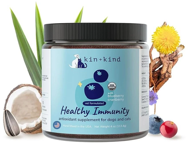 개와 고양이를 위한 킨+카인드 유기농 멀티비타민 - 건강한 피부와 코트를 위한 반려동물 보충제 - 밀풀 다시마 해조류 코코넛이 함유된 안전한 천연 포뮬러 - 미국산 - 4온스, Immunity, Bundle (3 x 4 oz) - 쿠팡