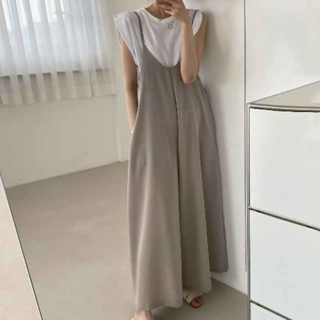 쩐쿠 여성 봄 여름 슬림핏 체형커버 끈 쉬폰 점프수트 (반팔티 불포함) K0347