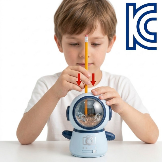 마태온 안심뽀짝 우주인 자동 연필깎이 USB+건전지 겸용 심두께조절, 1개, 미스트블루