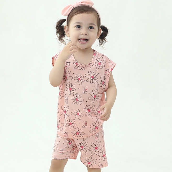 잼베이비 인견 머슬나시 라인꽃 핑크 인견80% 찰랑찰랑 하늘하늘 살에닿으면 차곰차곰 엄청 시원한 고급 인견원단 상하세트