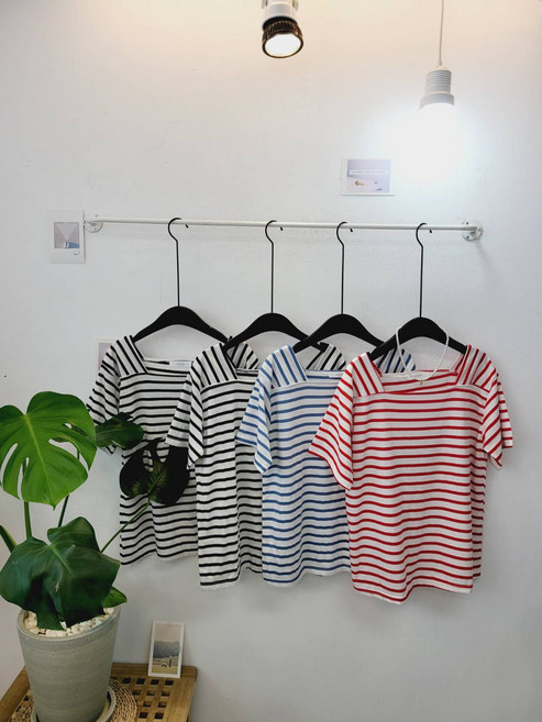 (무배)스퀘어넥 스트라이프 단가라 루즈핏 반팔 티 (국내제작)