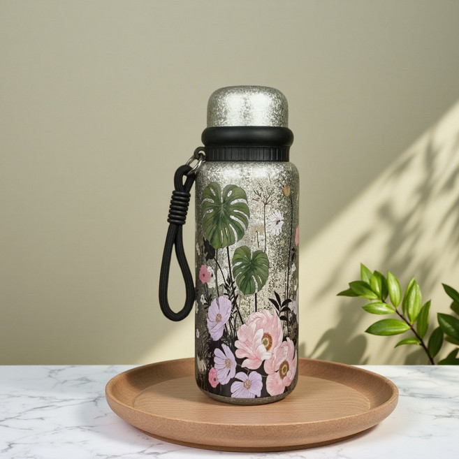 新款國風繁花覆鈦燜茶杯 600ml 便攜保溫水杯, Y800ml-黑色,繁花鍍鈦燜茶杯, 1個
