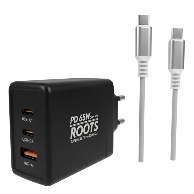 루츠 국내생산 초고속 멀티 충전기 C타입 3포트 PD 65W PPS + C to C 100W 5A E Marker 1.5M 케이블포함, 블랙, 1개