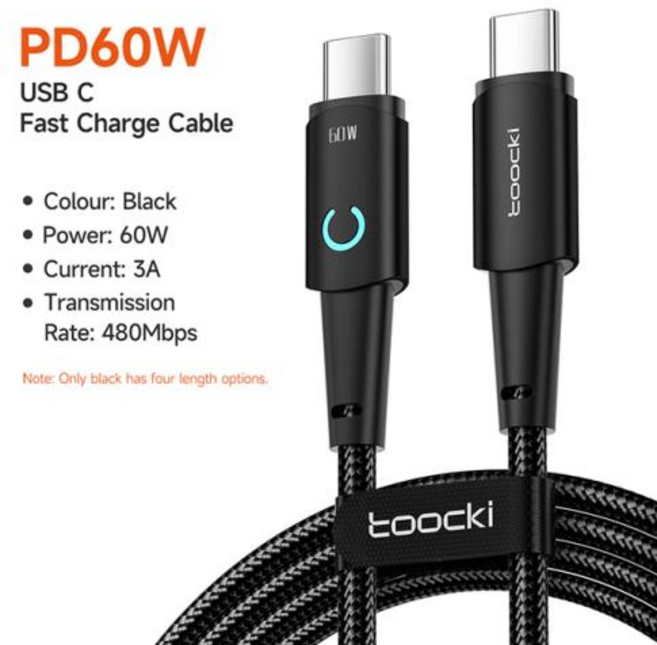 Toocki 투키 하프문 PD 60W c to c타입 초고속 충전케이블, 1m, 블랙, 1개