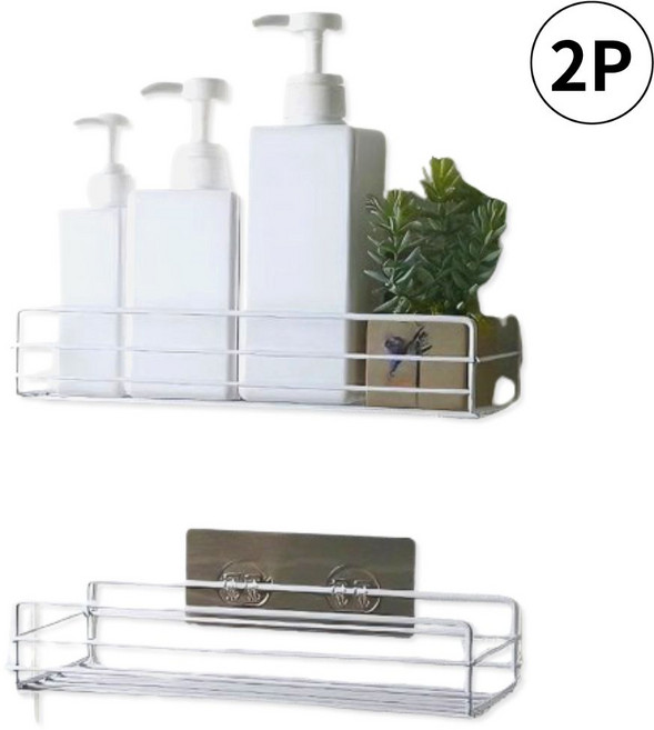 브라이프 간편깔끔 무타공 욕실 선반 2p 세트, 화이트 일자, (길이27.5cm)