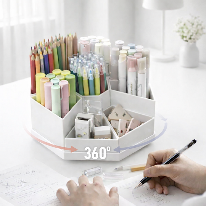 퓨어센스 연필꽂이 펜꽂이 360도 회전 대용량 칸막이 필기구 정리함 책상정리, 1개, 화이트