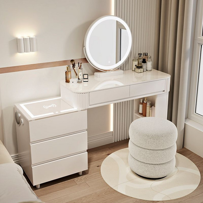 실용적인 수납 공간과 세련된 LED 조명 수납 서랍장 확장형 화장대, 100cm, 화이트 + 거울(A) + 의자(B)
