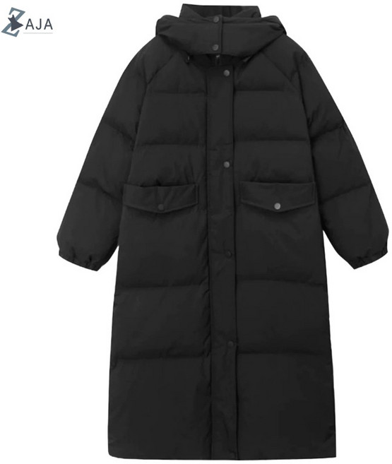 ZAJA 여성 롱 보온 후드 패딩 코트 무릎 아래 길이 롱패딩