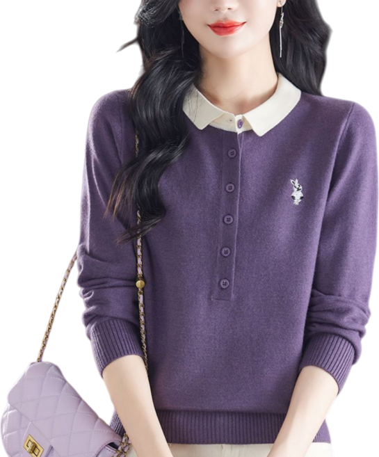 Makone 여성 카라 긴팔 단추 포인트 니트 티 셔츠