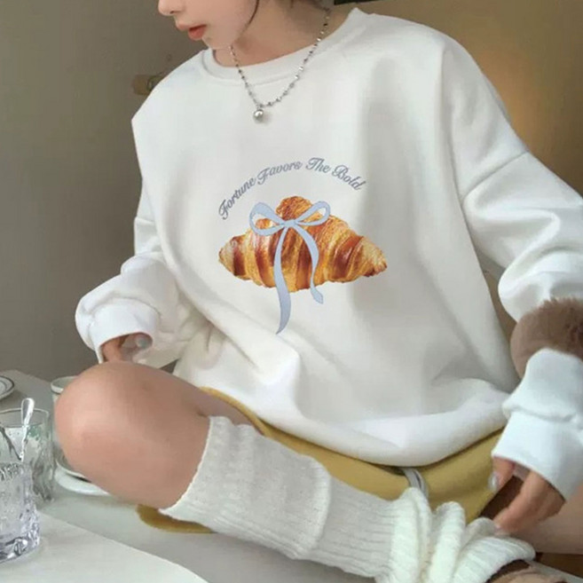 cammello 여성 크로와상 프린트 맨투맨 오버핏 긴팔티 일반 기모