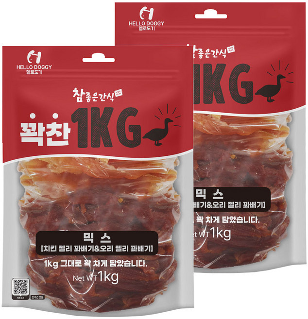 헬로도기 참좋은간식 꽉찬 대용량 사사미, 2개, 1kg, 혼합맛(치킨 젤리 꽈배기/오리 젤리 꽈배기)