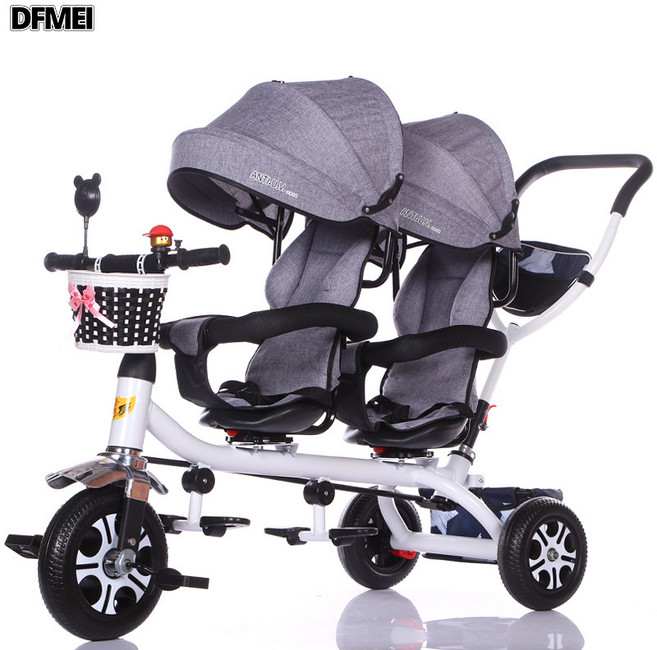 DFMEI 兒童三輪車雙胞胎手推車雙人寶寶腳踏車嬰兒輕便推車童車, 灰色雙人防爆輪+篷:參考詳情