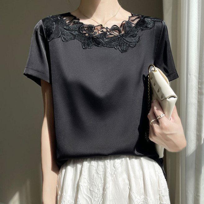 MIREA 여성 반팔 블라우스 레이스 플라워넥 실크 소재 봄여름 데일리 DTX21