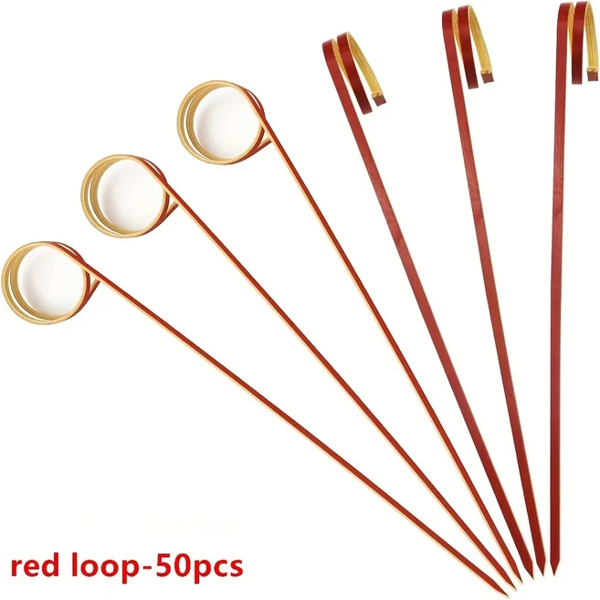 50개/팩 12cm 길이 일회용 링 과일 꼬치 창의적인 칵테일 스시 대나무 장식용 이쑤시개, 02 red loop-50pcs
