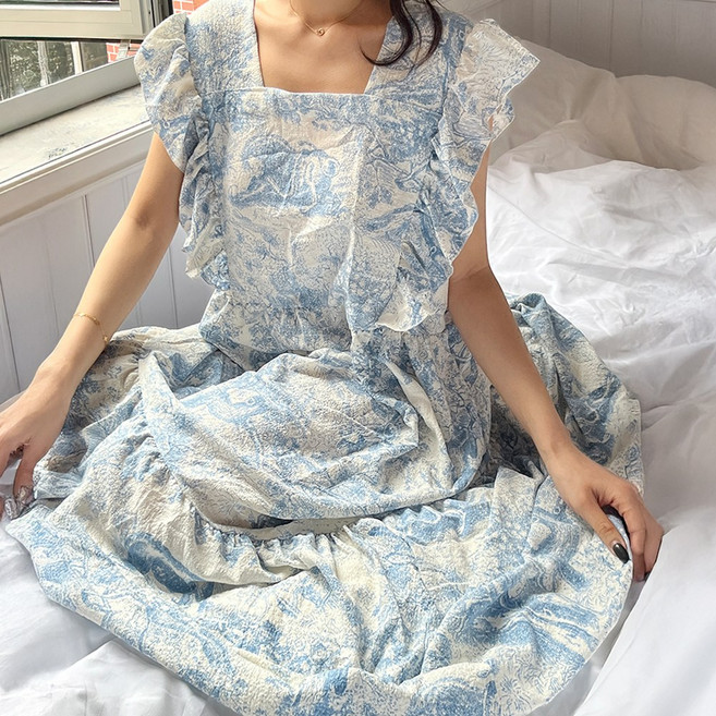 빅사이즈 홈드레스 뜨왈 프릴 스퀘어넥 롱원피스 민소매 나시 잠옷 홈웨어