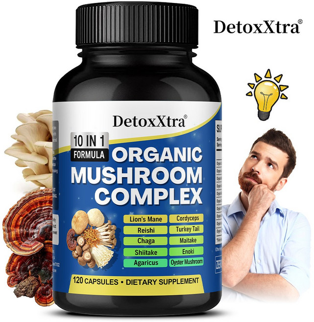 10 in 1 고강도 버섯보충제 - 동충하초 사자갈기 영지 익지 콤플렉스 - 뇌 에너지 주의력 기억 지원, 2개, 120회분
