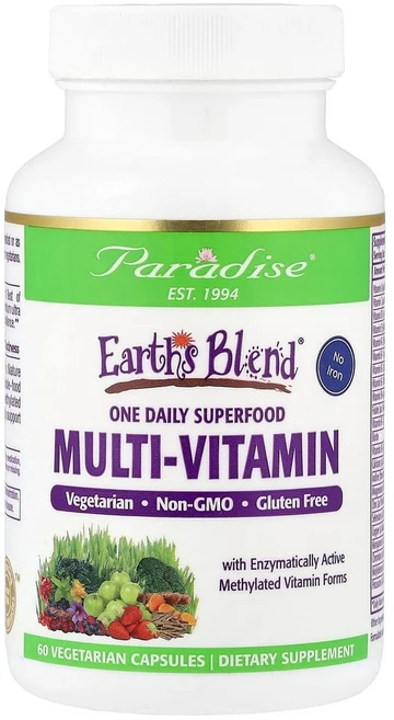 파라다이스허브 Earths Blend 원 데일리 슈퍼 푸드 종합비타민 철분 무함유 베지 캡슐 60정 - 쿠팡