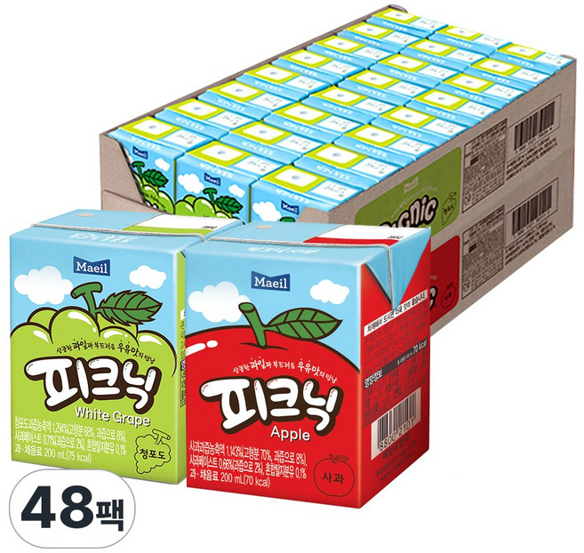 매일유업 피크닉 사과 200ml 24팩 + 피크닉 청포도 200ml 24팩, 48개