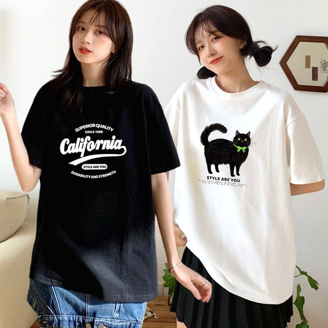 1+1 스타일아유 우유실크원단 다양 프린트 반팔티 루즈핏 오버핏 여성용 티셔츠 신상무배 TS3596