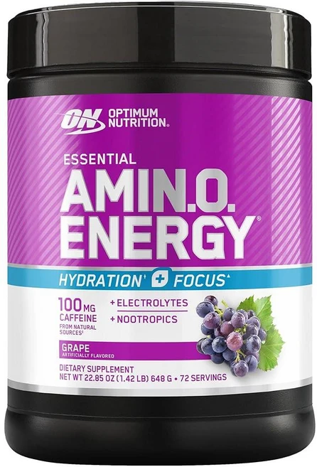 Optimum Nutrition 아미노 에너지 파우더 플러스 포커스 BCAA 전해질 및 카페인 포도 0.6kg(1.3파운드) 72회 분량 (포장은 다를 수 있음), 648g, 1개 - 쿠팡