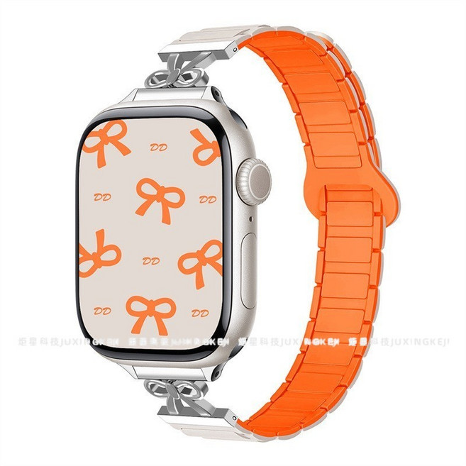 三株 可調節 適用於 Apple Watch 10 9 8 7 6 5 4 SE3, 1個, 蝴蝶結細款矽膠磁吸錶帶-星光橙,S10=46MM S11=46MM