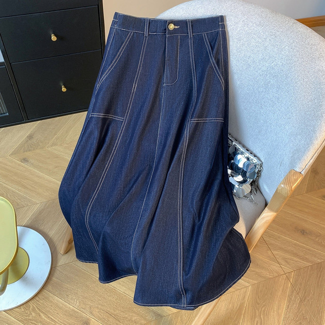 【遮肉顯瘦】牛仔半身裙 半身裙 牛仔裙 A字裙 中長裙 傘裙 復古高腰設計 大擺垂感 夏季新款 高級感穿搭