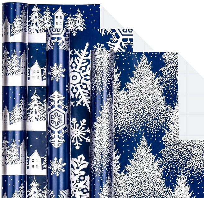 LeZakaa 크리스마스 포장지 번들 - 리본 리본 스티커 및 선물 태그가 있는 미니 롤 - 나무/눈송이/격자 무늬 프린트가 있는 실버 메탈릭 호일 디자인 - 43.2 x, 네이비 블루