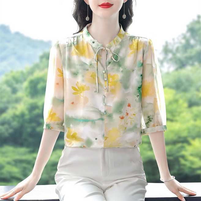 TIRA 여성 여름 블라우스 우아한 프린트 리본넥 7부소매 오피스 데일리 상의