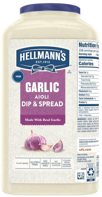 Hellmann's Garlic Aiolii 딥 앤 스프레드 병 음식 서비스용 바로 사용 가능 인공 향료 없음 글루텐 프리 3.8L(1갤런) 3.8L(128온스), Hellmann's Garlic Aiolii 딥 앤 스