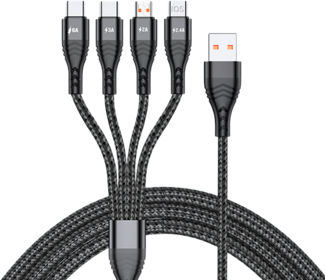 4in1 멀티 고속충전 케이블 6A 66W 지원 C타입 3in1 USB 멀티충전 아이폰 안드로이드 동시충전, 1개, 그레이