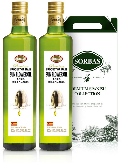 [선물포장] 소르바스 해바라기씨유 500ml 2병 오일 선물세트, 1세트